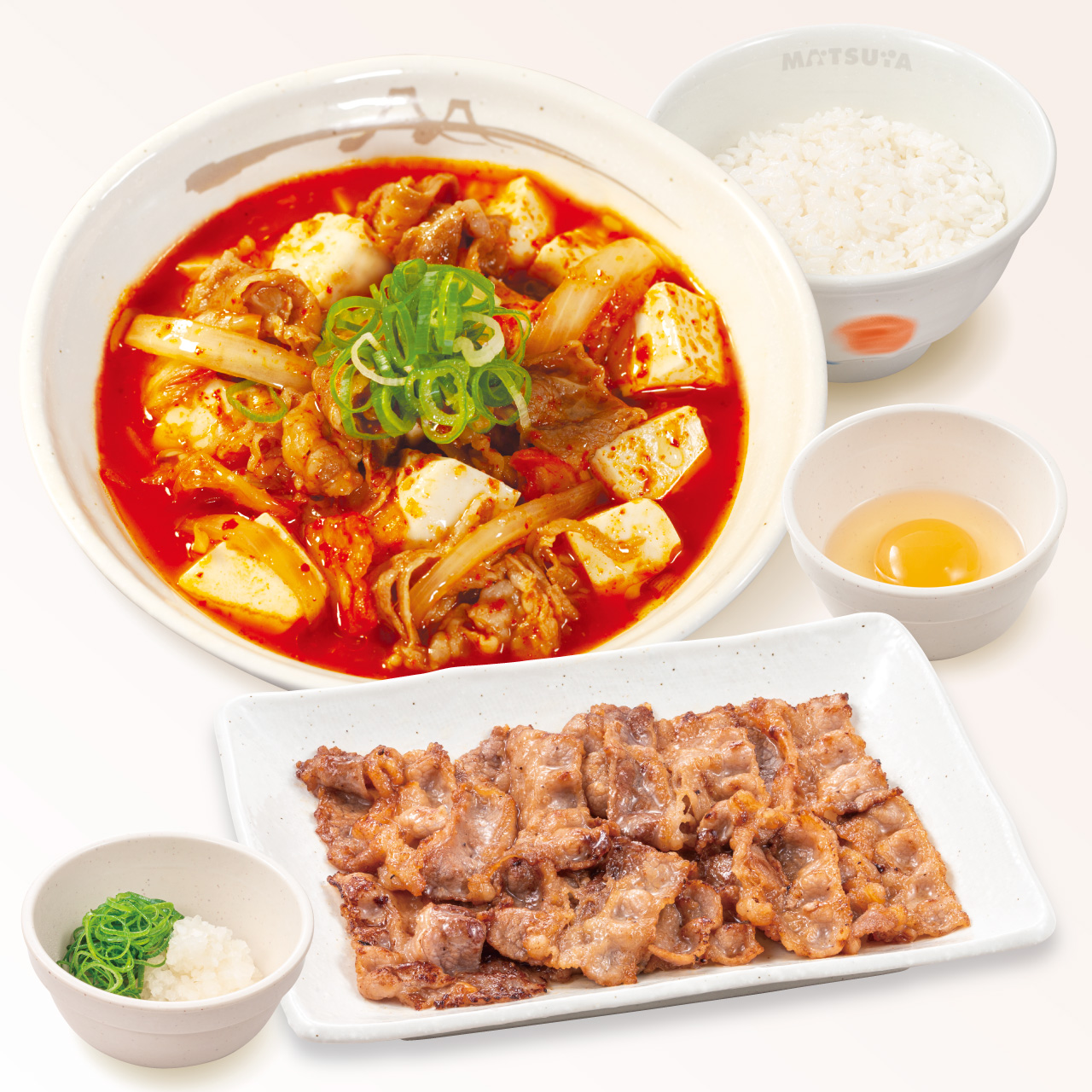 松屋 牛豆腐キムチチゲ牛カルビ焼肉定食(生玉子)