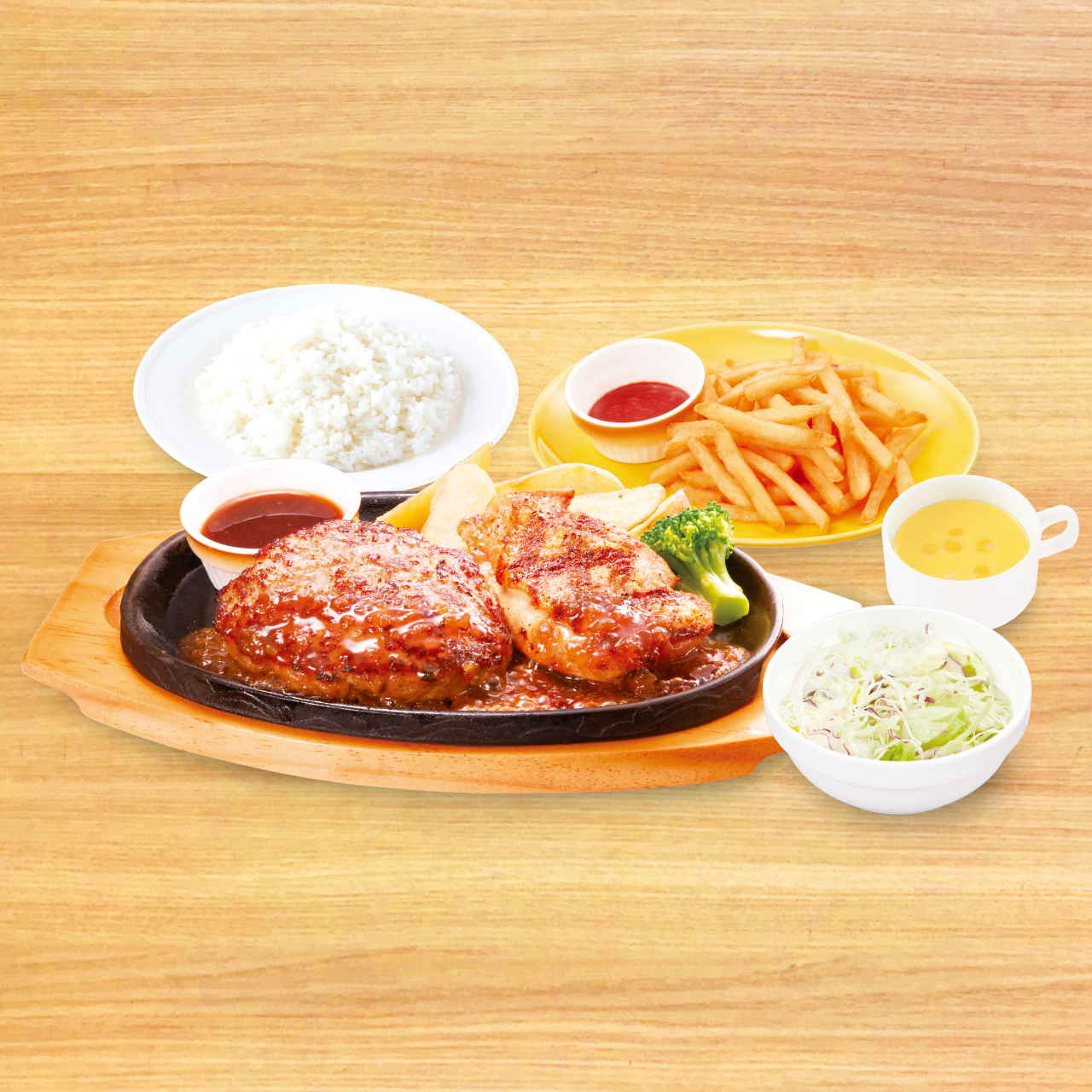 ビッグボーイ 【944】手ごねハンバーグ＆グリルチキン弁当 コーンスープ・フライドポテトセット