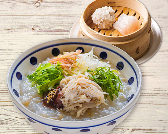 店内炊き上げ おかゆ専門店 粥餐庁(かゆさんちん) 蒸し鶏とみょうがのおかゆ梅味仕立て＆2種点心セット