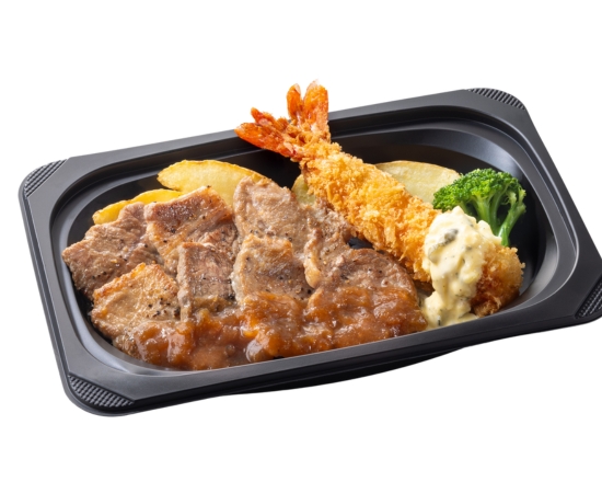 ステーキガスト (おかず)熟成やわらかカットステーキ約140g＆プリプリ大エビフライ