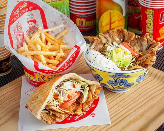 メガケバブ ⑪ケバブ丼チキン+ピタMチキン+ポテトセット Kebab Rice Bowl Chicken+Pita Medium Chicken +Potato Set