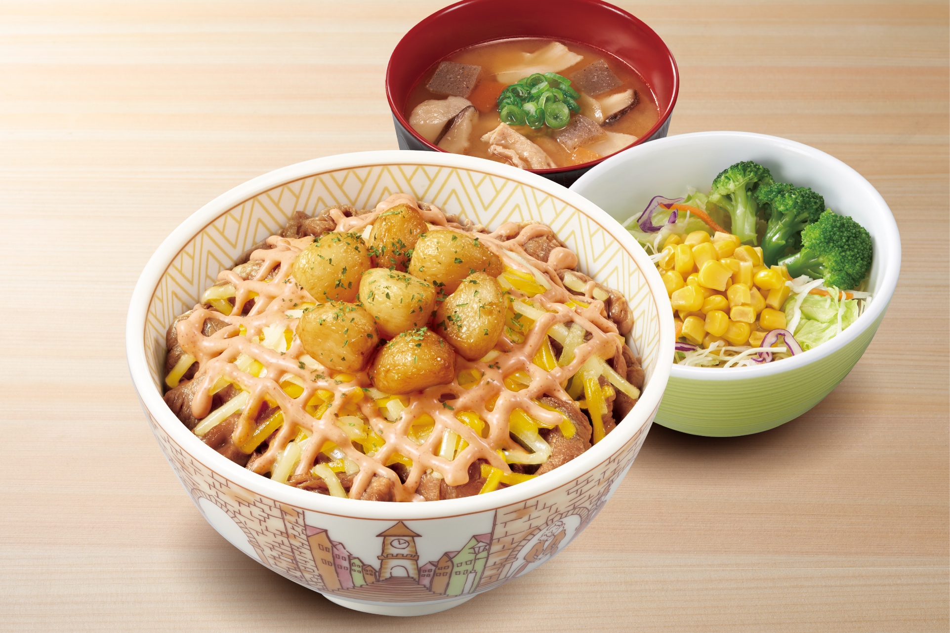 すき家 にんにく明太マヨチーズ牛丼とん汁サラダセット