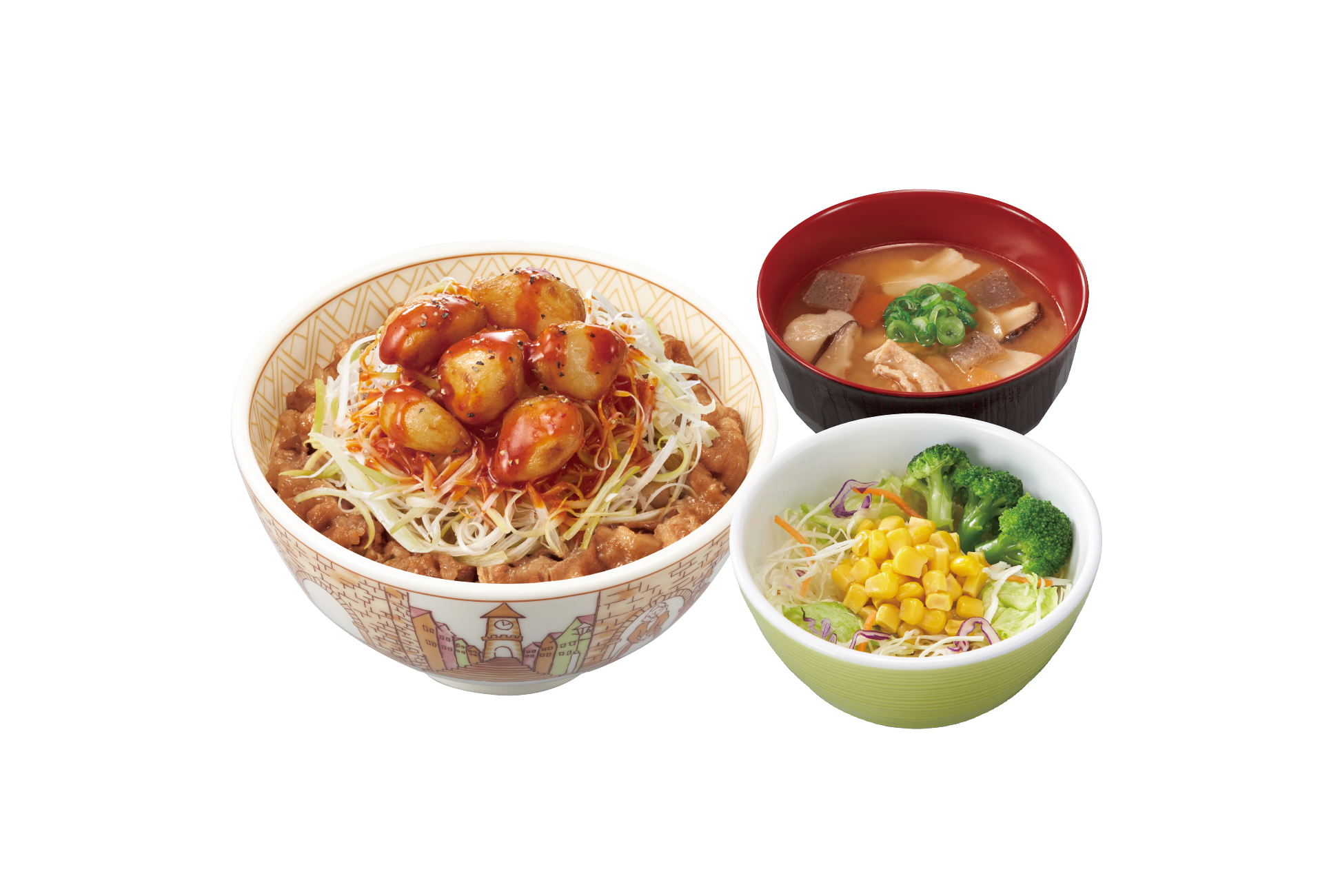 すき家 にんにく赤だれ白髪ねぎ牛丼とん汁サラダセット