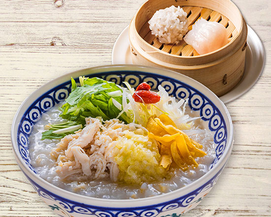 店内炊き上げ おかゆ専門店 粥餐庁(かゆさんちん) 蒸し鶏のジンジャーかゆ＆2種点心セット