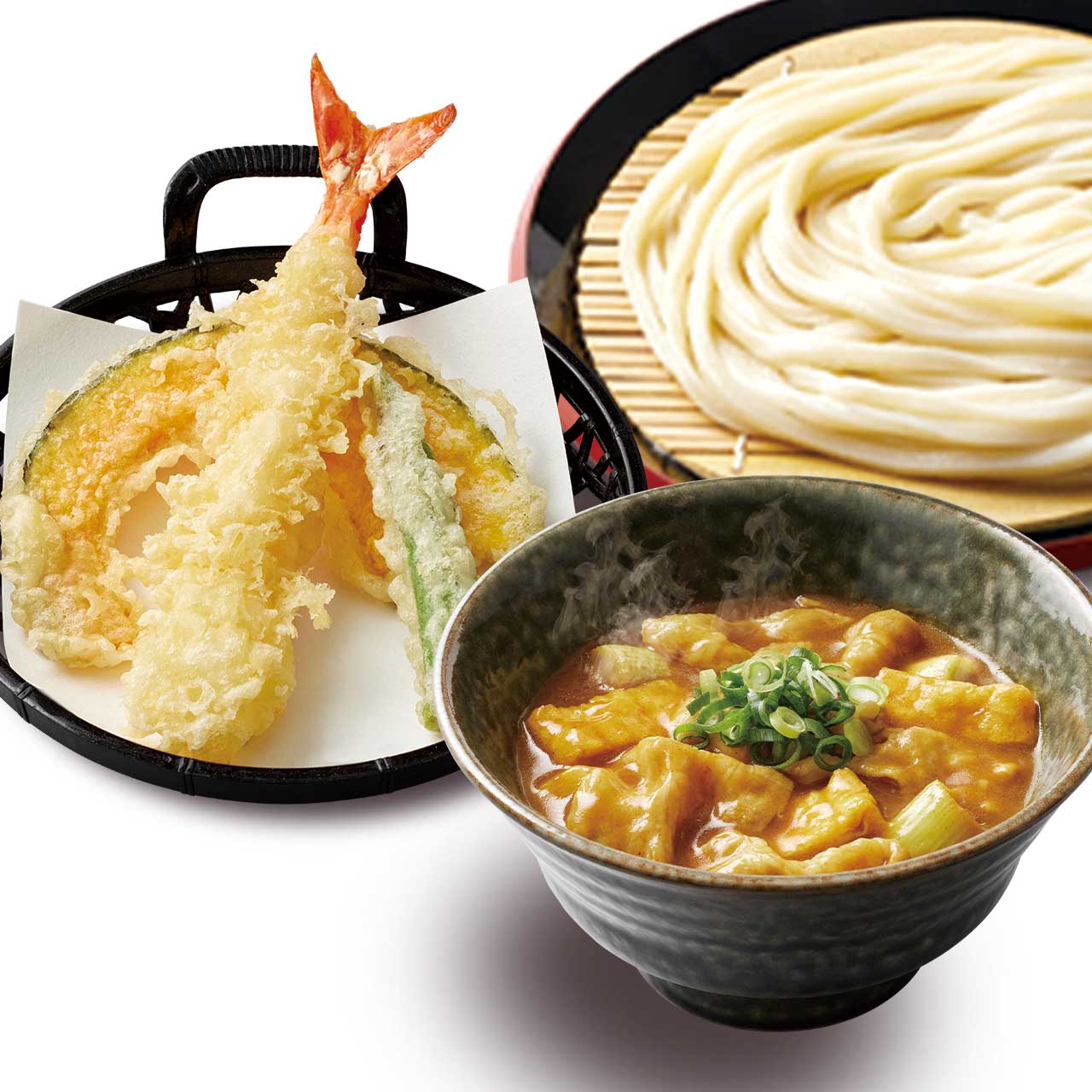 久兵衛屋 カレー肉つけ汁うどん 天ぷら3種盛りセット