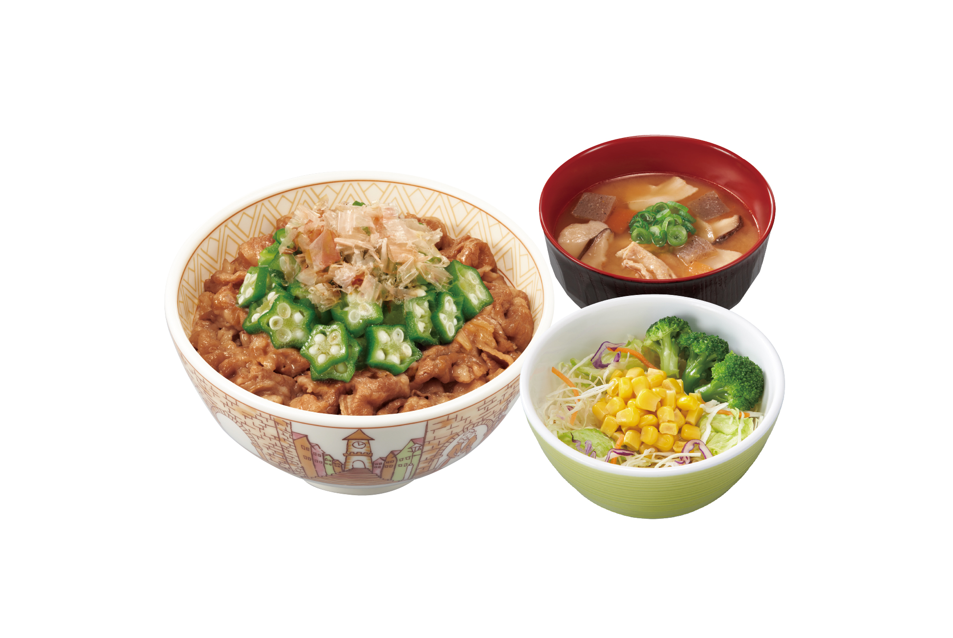 すき家 かつぶしオクラ牛丼とん汁サラダセット