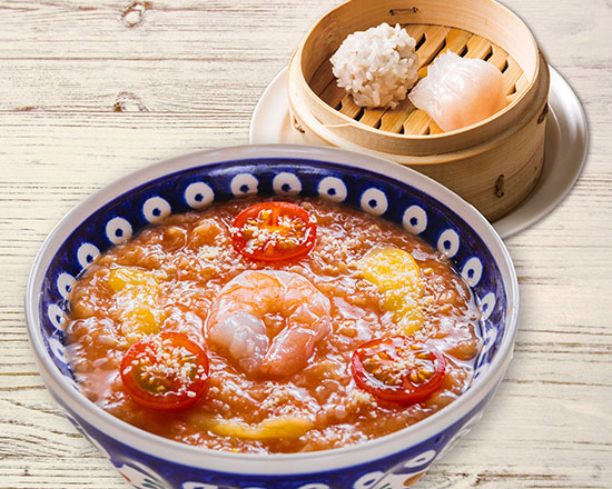 店内炊き上げ おかゆ専門店 粥餐庁(かゆさんちん) 海老とチーズのトマトのおかゆ＆2種点心セット