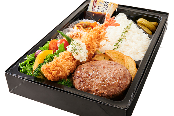 黒毛和牛ハンバーグ専門店 福よし 黒毛和牛ハンバーグと大海老フライ弁当