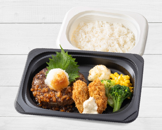 ジョナサン アンガスビーフ100%ステーキハンバーグ 和風ビネガーソース＆カキフライ弁当