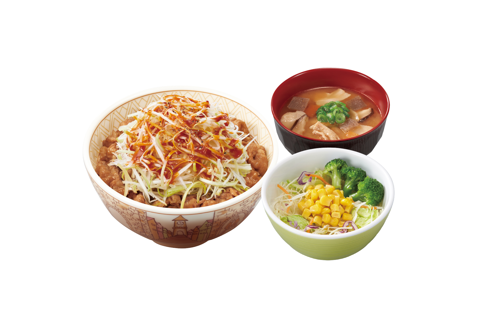 すき家 赤だれ白髪ねぎ牛丼とん汁サラダセット