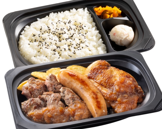 ステーキガスト 熟成乱切りラウンドステーキ約140g＆ジャンボフランク＆炭焼き風チキングリル弁当