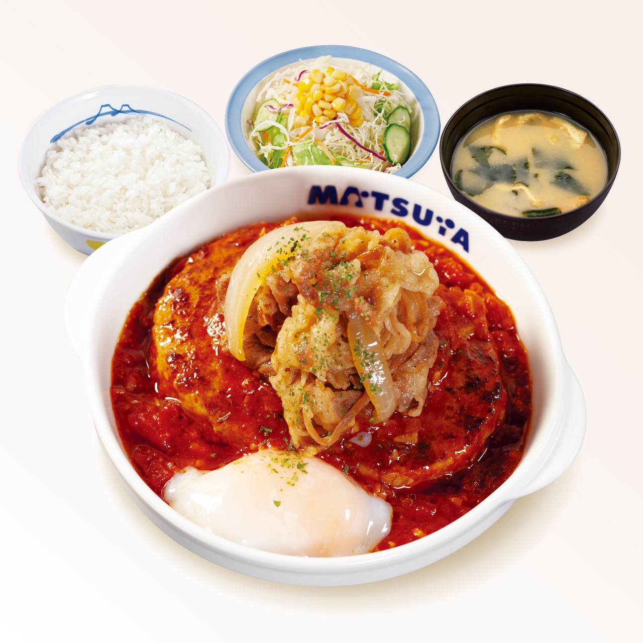 松屋 牛肉のあいがけうまトマハンバーグ定食(味噌汁付)