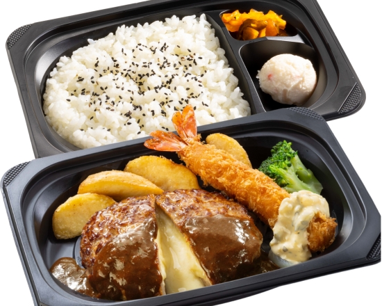 ステーキガスト チーズINハンバーグ＆プリプリ大エビフライ弁当