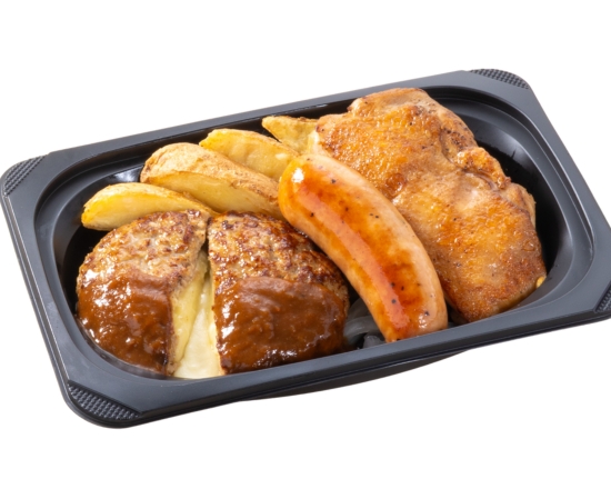 ステーキガスト (おかず)チーズINハンバーグミックスグリル(チーズINハンバーグ＆ジャンボフランク＆炭焼き風チキングリル)
