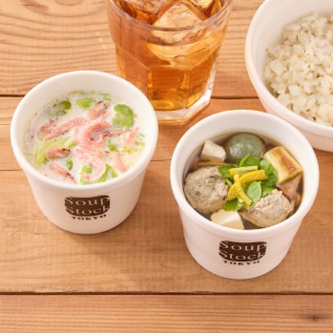 スープストックトーキョー 女川産さんまのつみれスープと駿河湾産桜海老とそら豆のクリームスープのセット