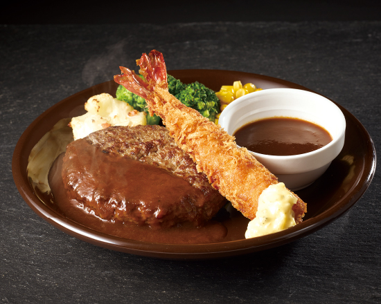 ジョナサン アンガスビーフ100%ステーキハンバーグ デミグラスソース＆海老フライ